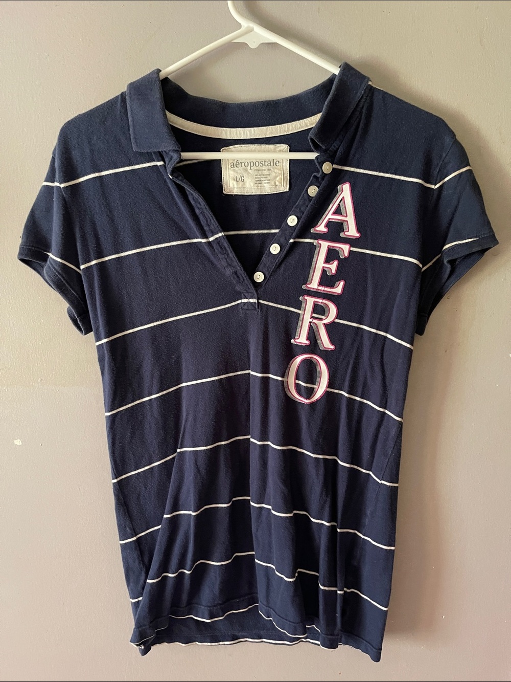 Aéropostale Women's Navy Stripe Polo Tee - Navy/White